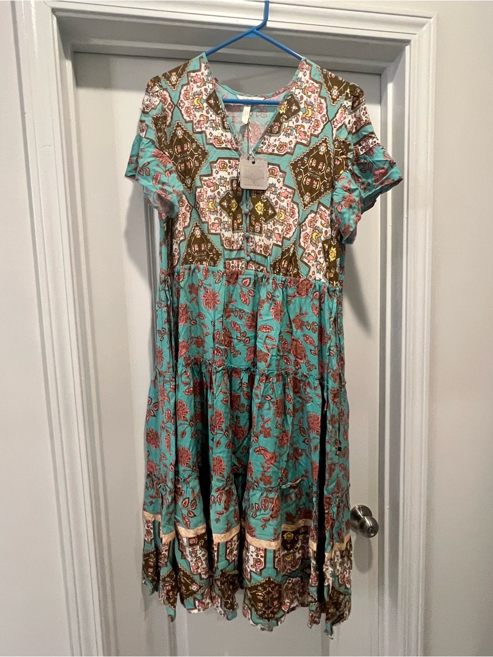 Matilda Jane Women’s Medium 8-10 Boho Aztec Teal & Coral Midi Dress NWT